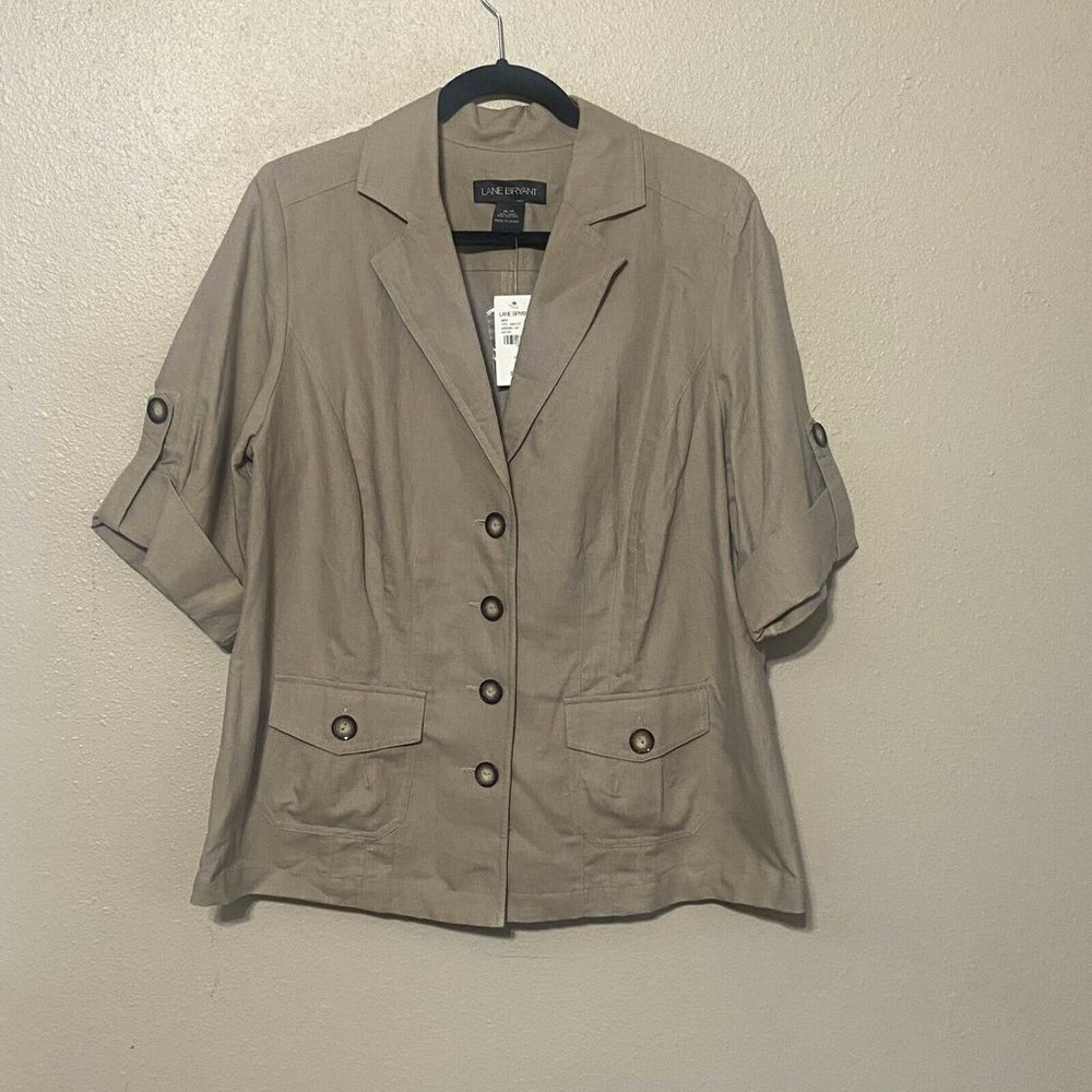 Lane Bryant Women's 14/16 Linen Cotton Jacket Beige 3/4 Sleeve Roll Tab Button